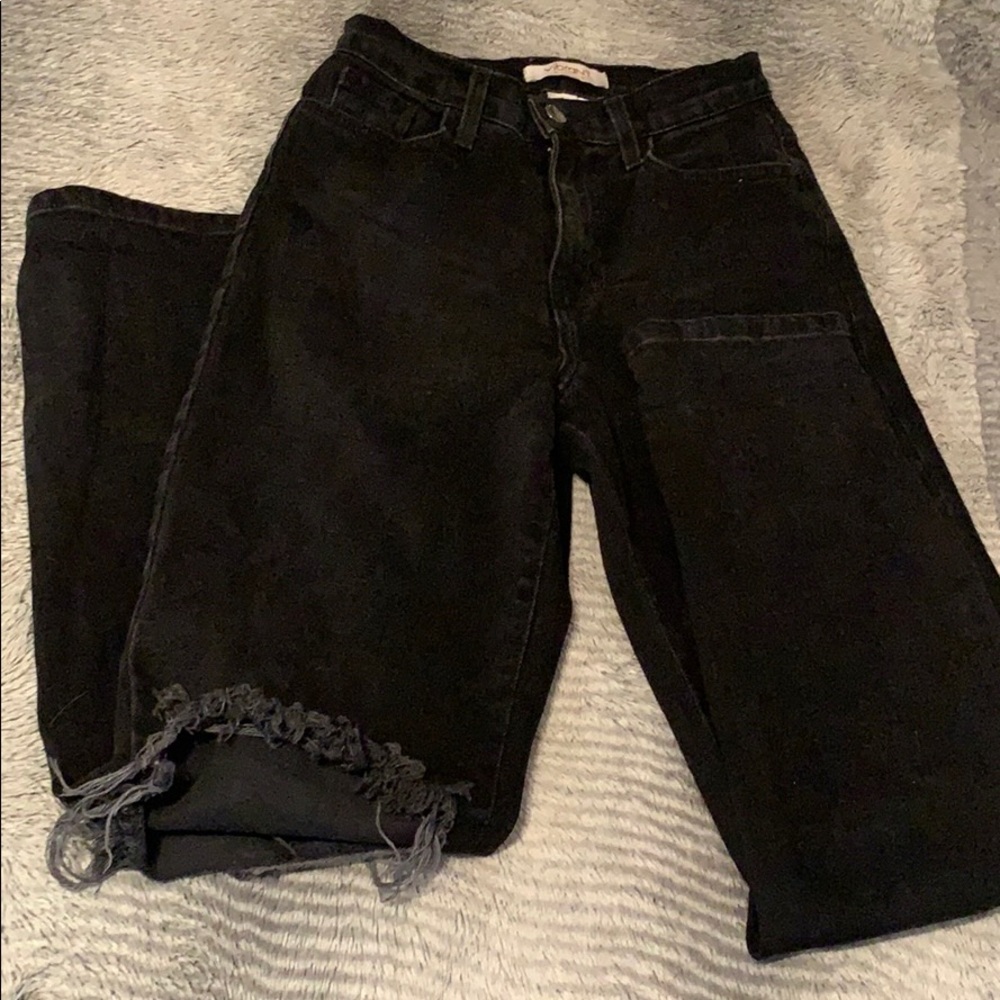 Black Wash High Waist Ripped Knees Denim Mom Jeans